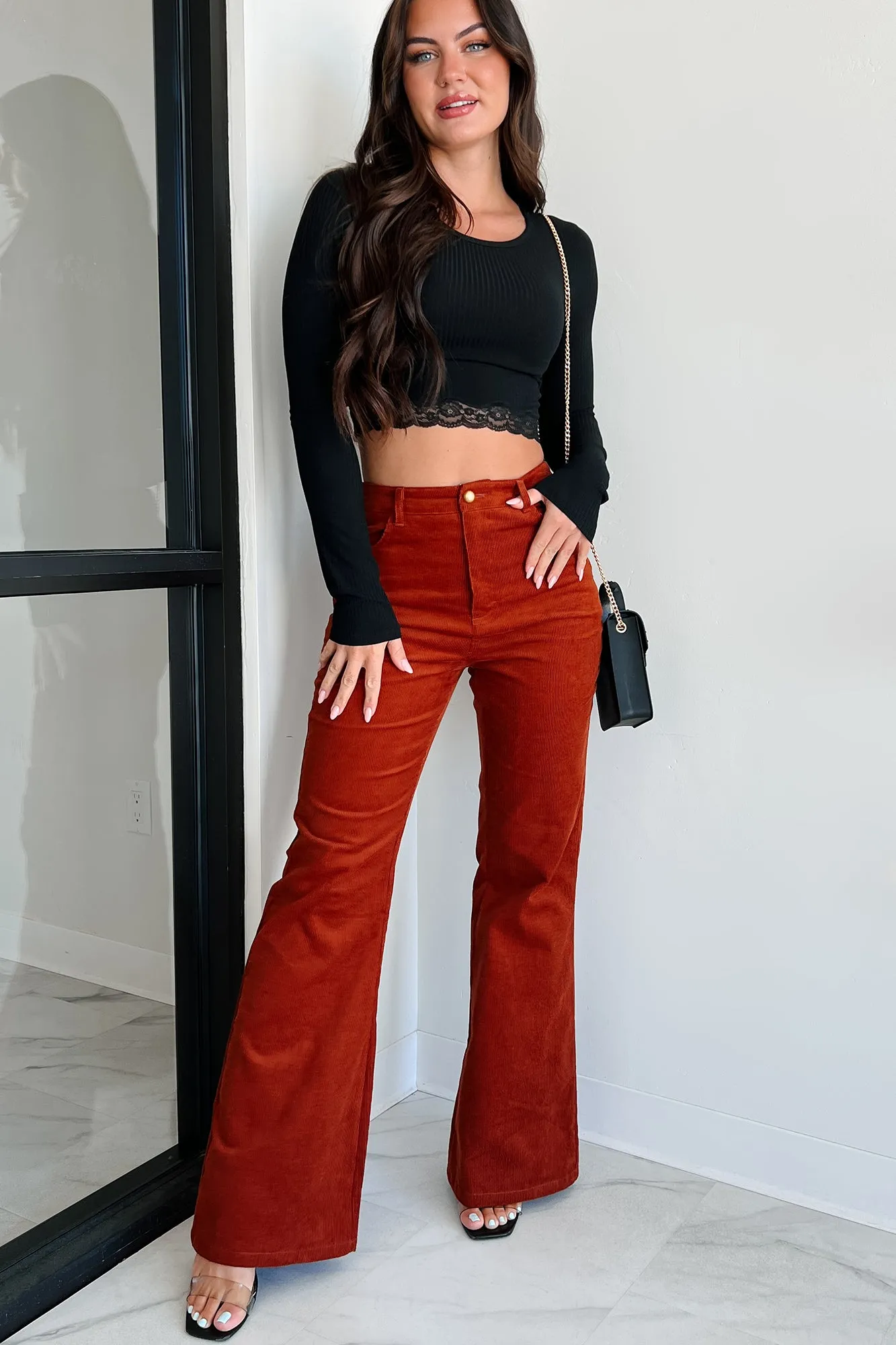 Boho Belle Corduroy Flare Pants (Rust)