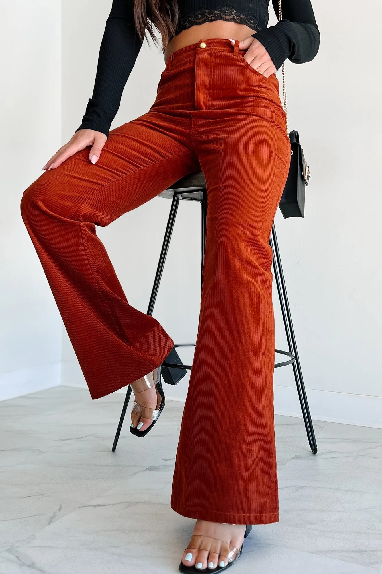 Boho Belle Corduroy Flare Pants (Rust)