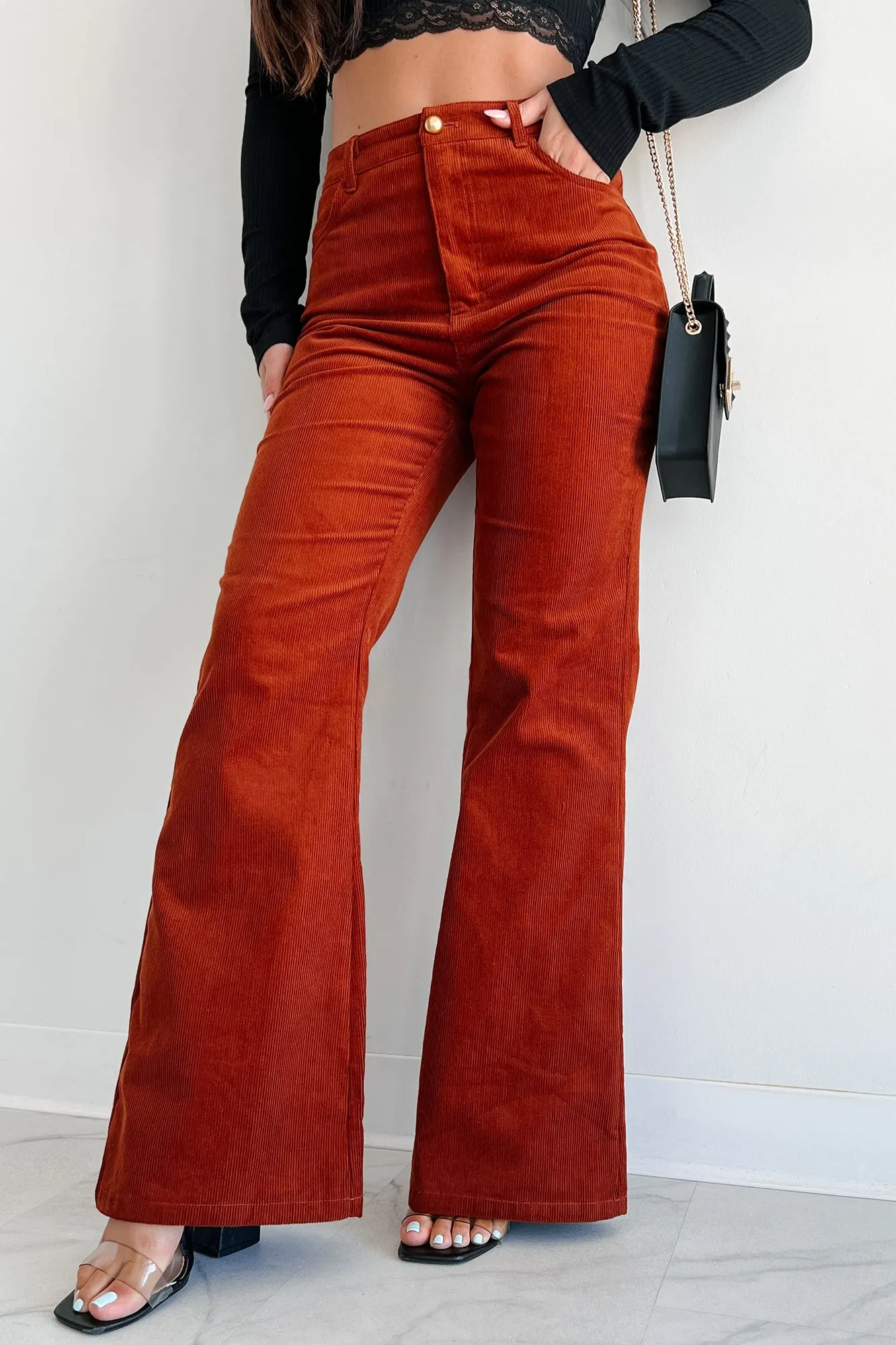 Boho Belle Corduroy Flare Pants (Rust)