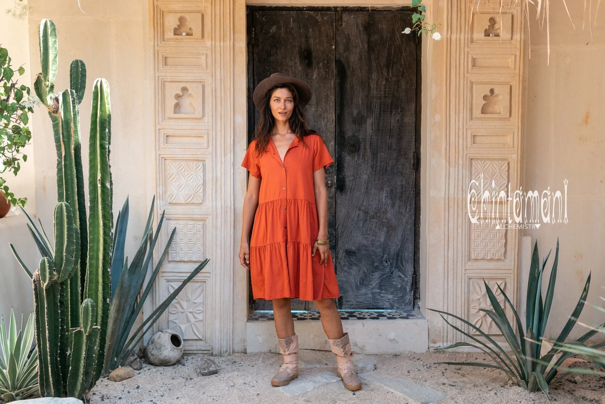 Cotton Mini Shirt Dress / Red Ochre