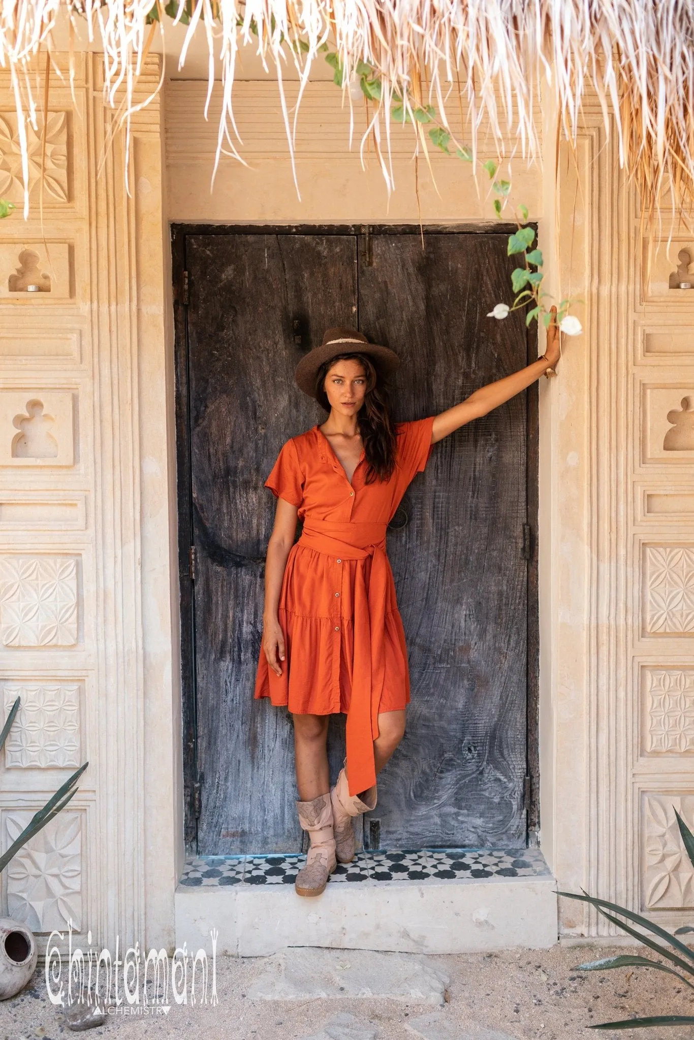 Cotton Mini Shirt Dress / Red Ochre