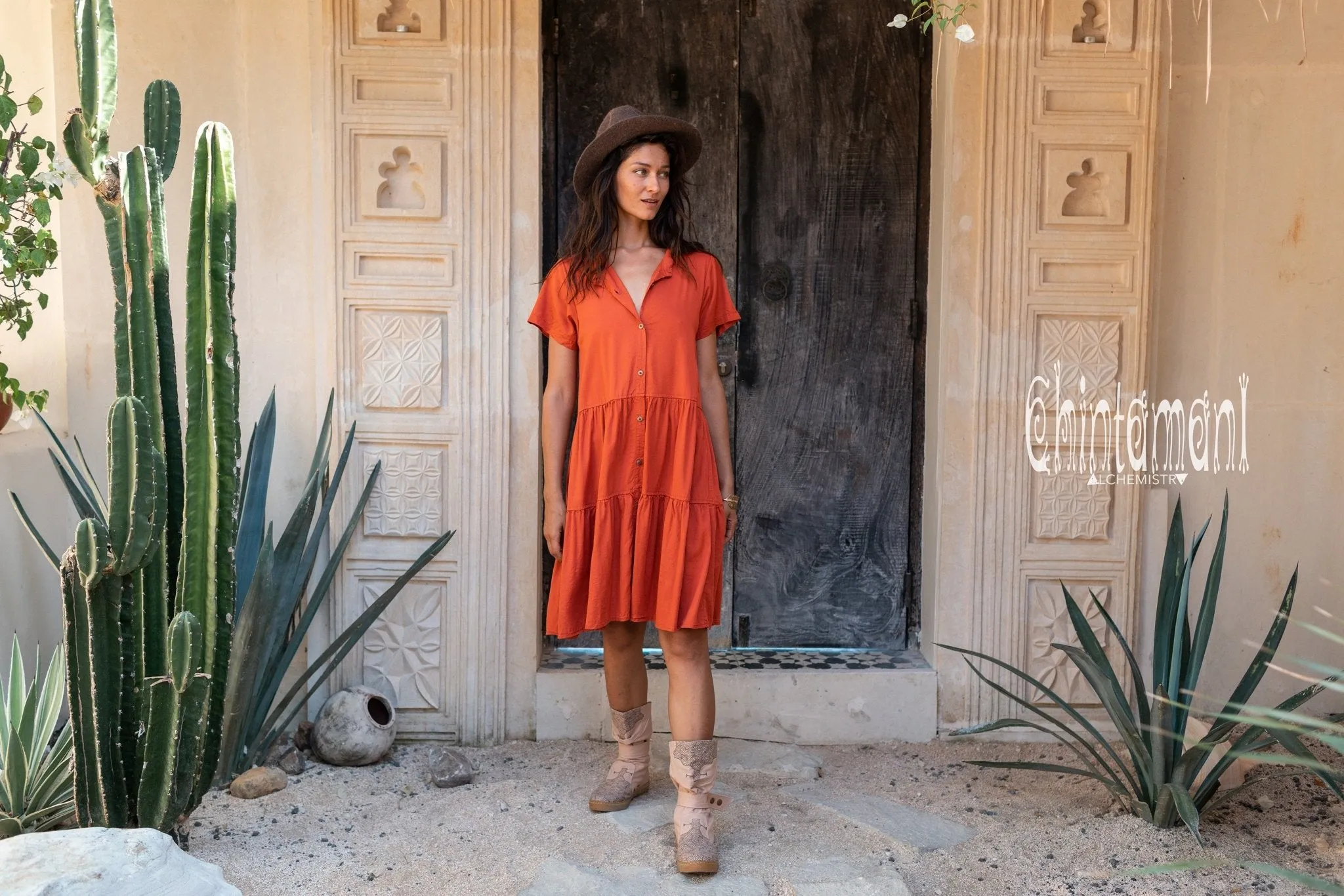 Cotton Mini Shirt Dress / Red Ochre
