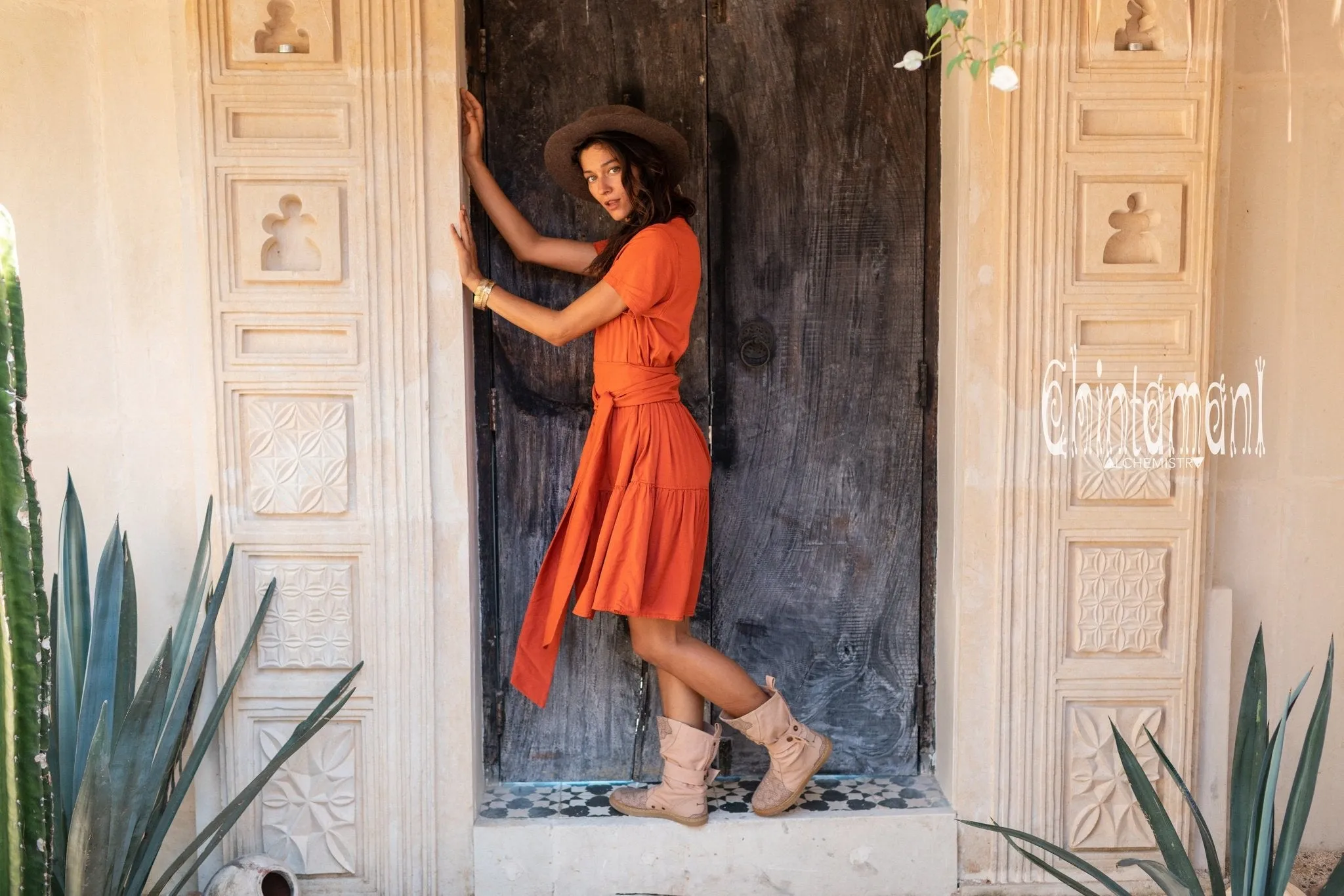 Cotton Mini Shirt Dress / Red Ochre