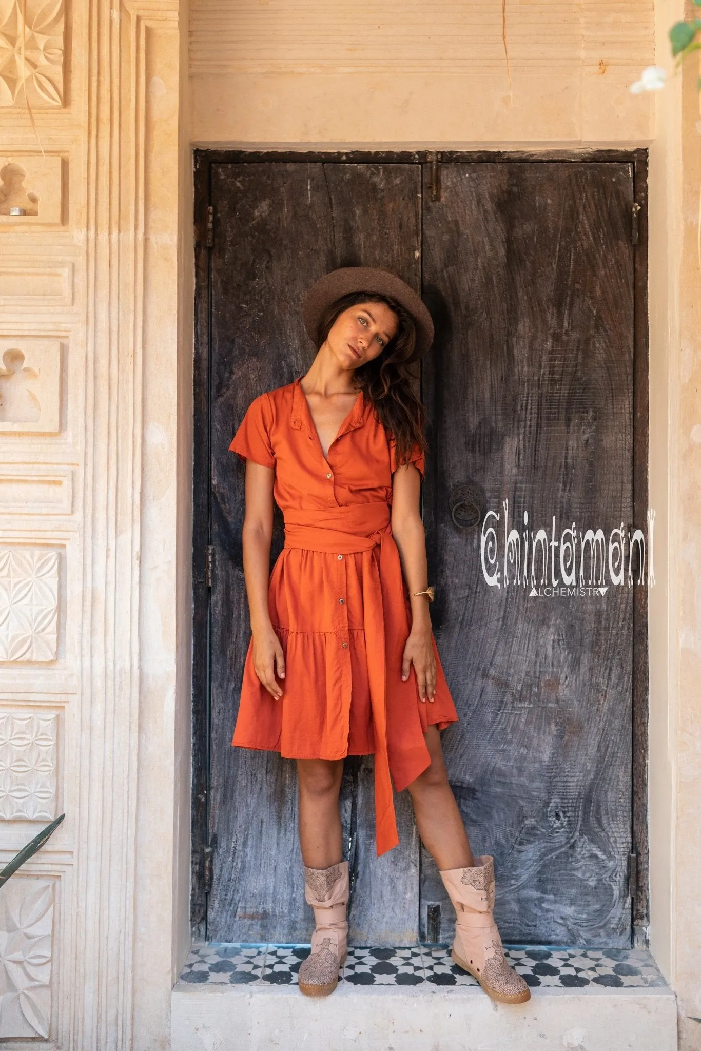 Cotton Mini Shirt Dress / Red Ochre