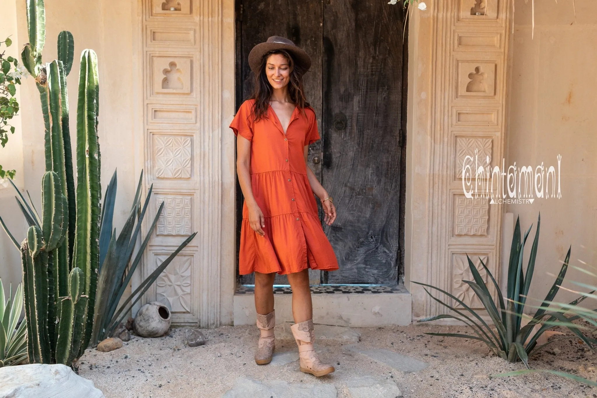 Cotton Mini Shirt Dress / Red Ochre