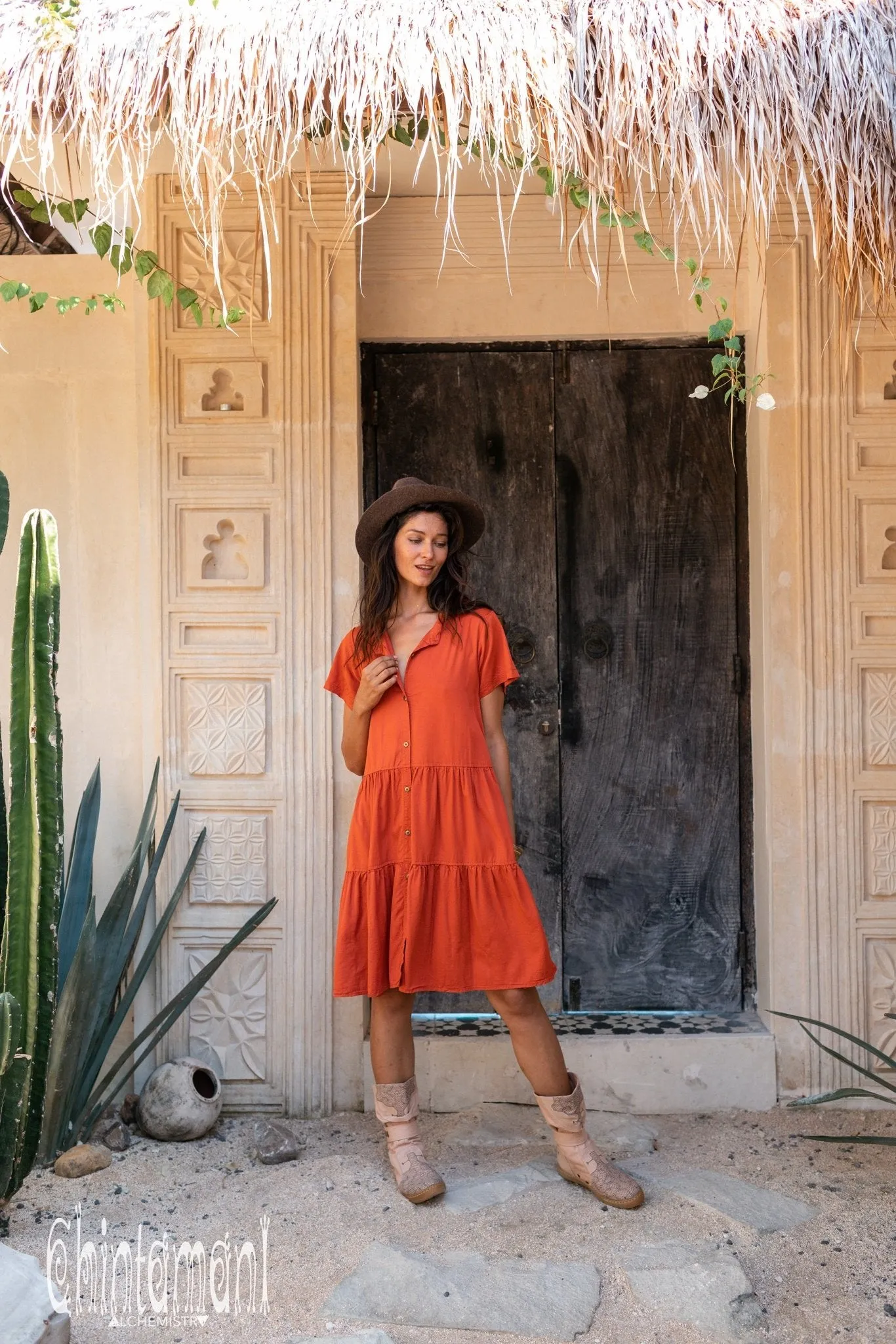 Cotton Mini Shirt Dress / Red Ochre