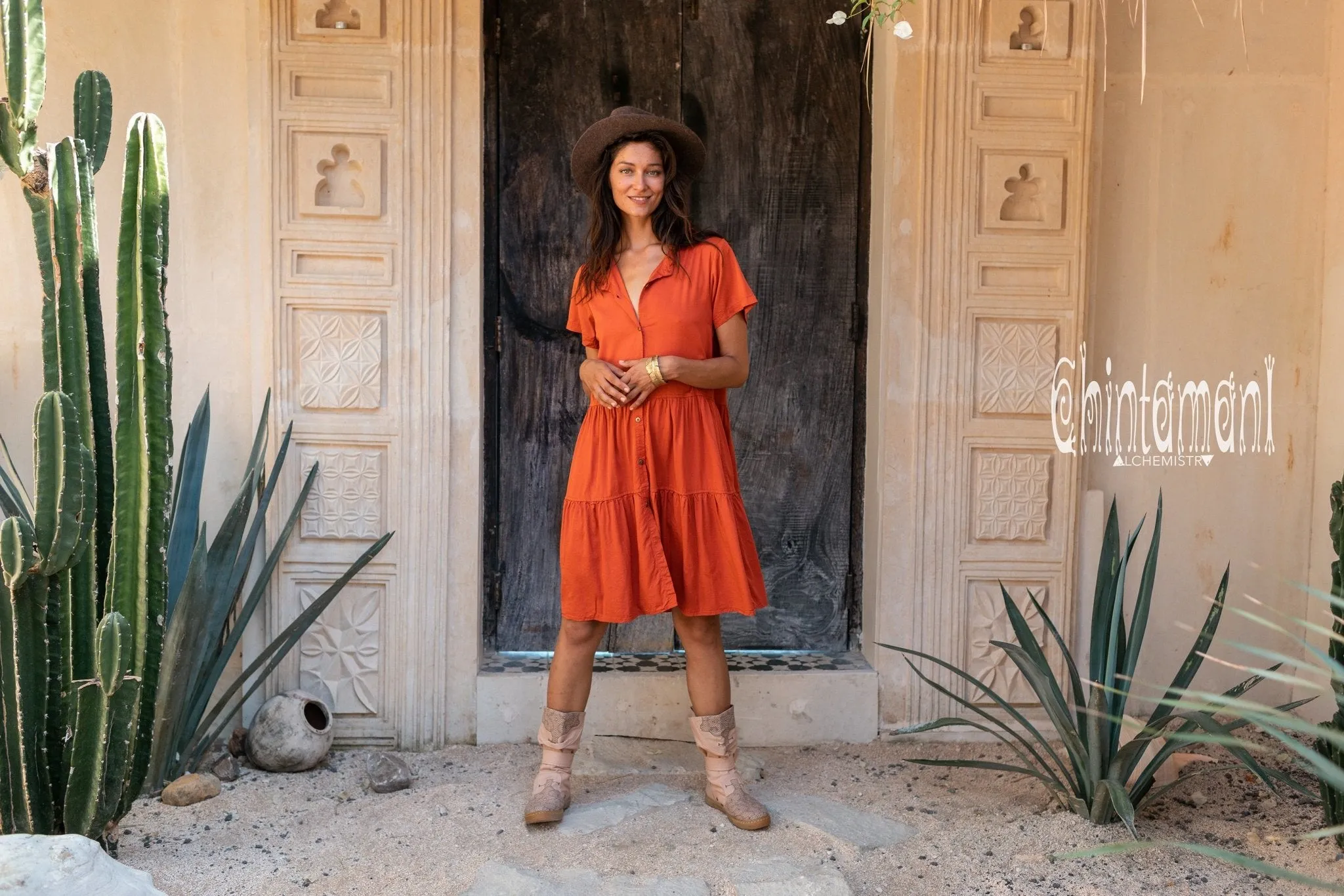 Cotton Mini Shirt Dress / Red Ochre