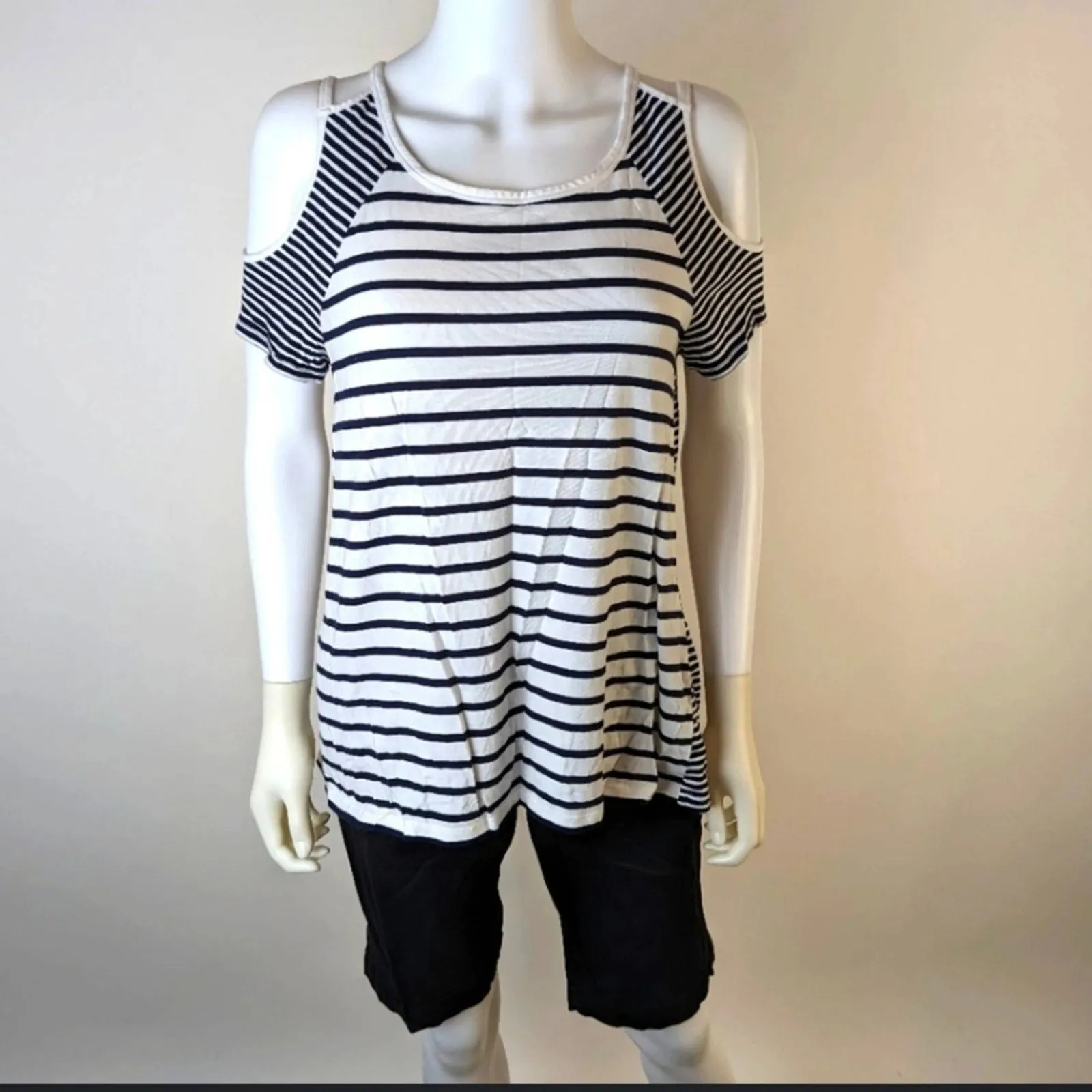 Crown & Ivy Striped Cold Shoulder Tee Shirt - PM