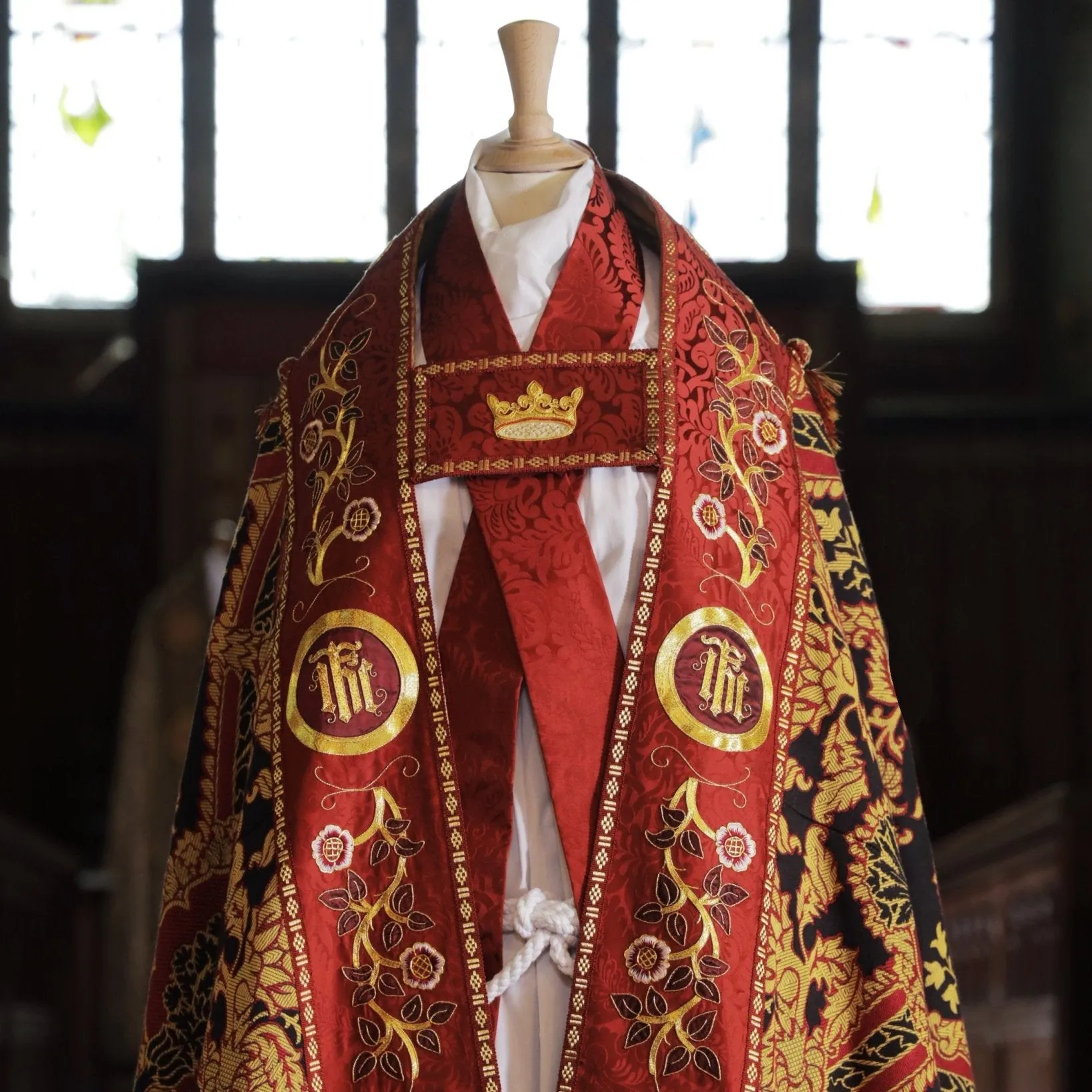 Minster Cope in 'Pine' with Sarum Red 'Holbein' orphreys and Hand-Embroidered Hood & Orphreys