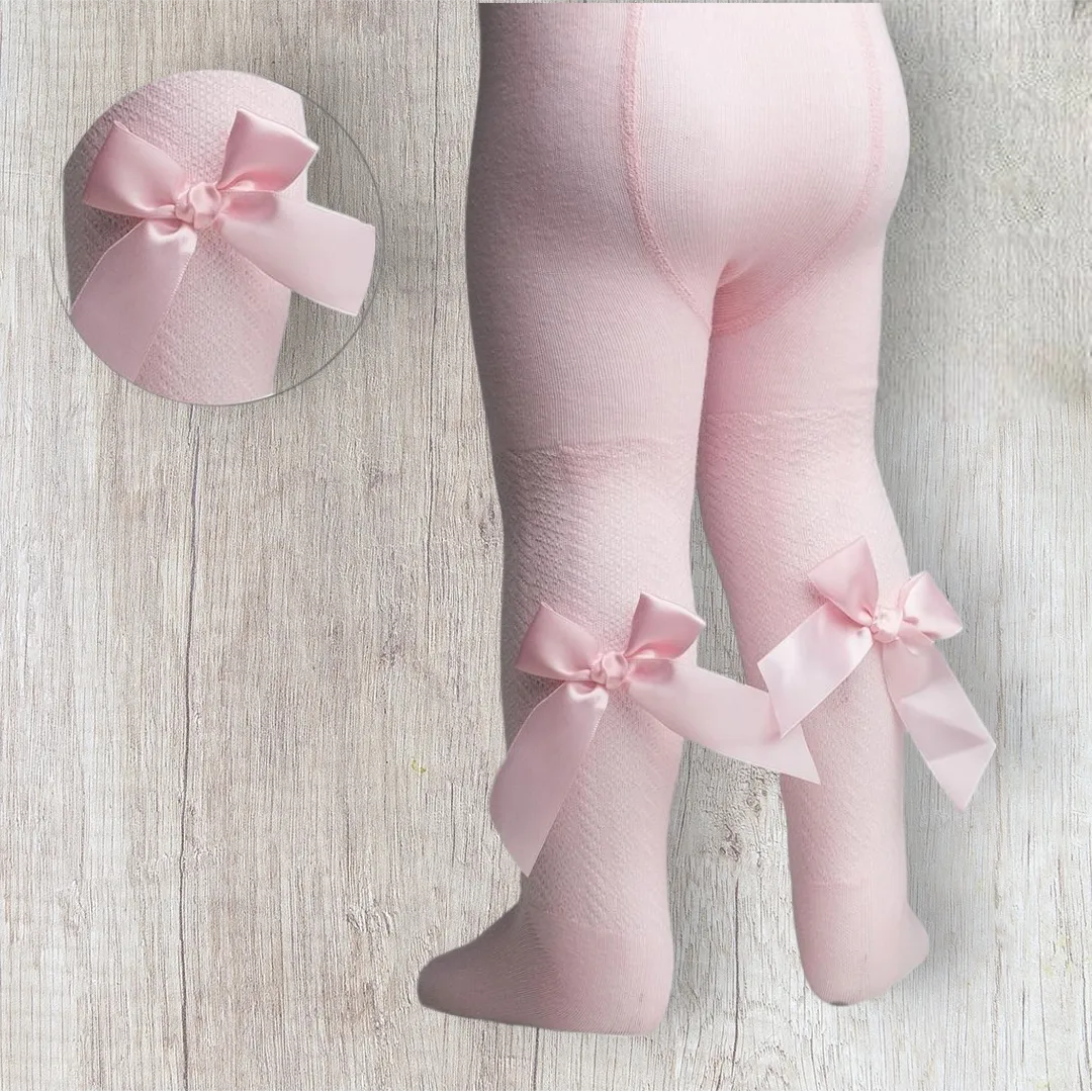 Pink Jaquard Tights With Back Bow