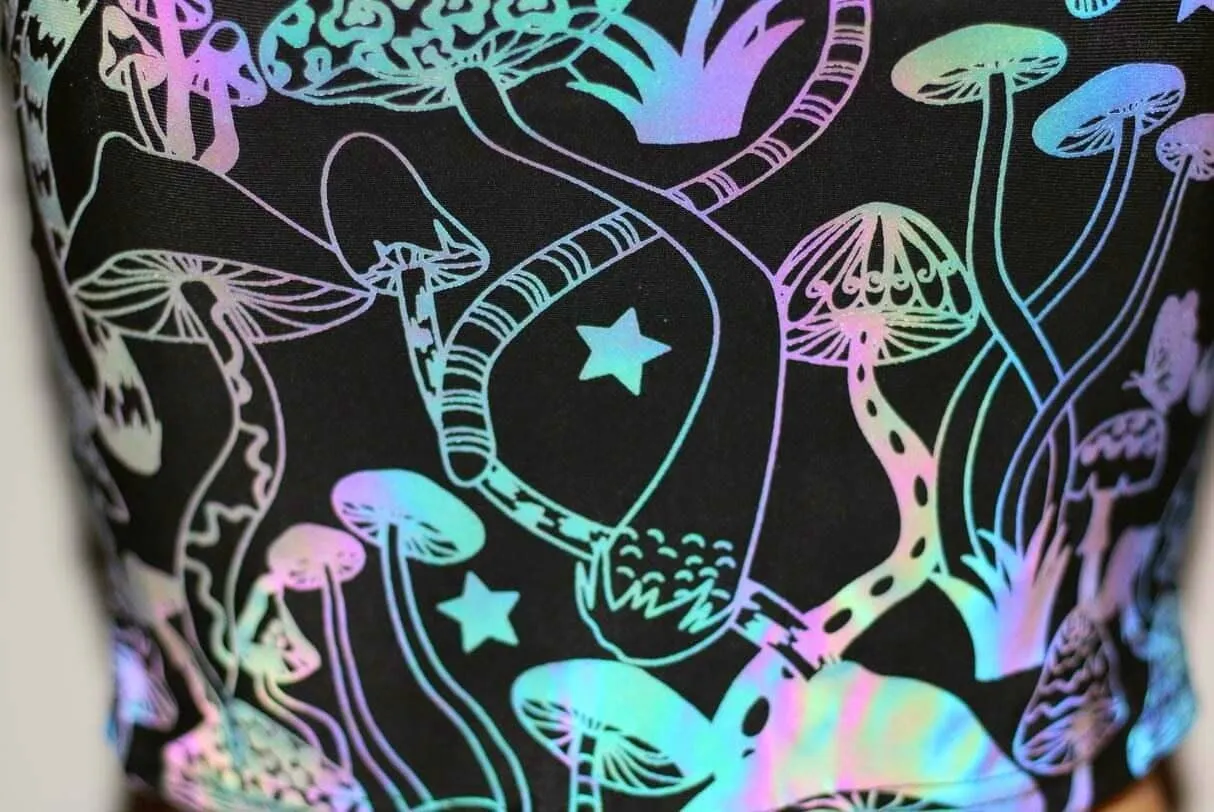 Reflective Rainbow Psychedelic Mushroom Crop Top