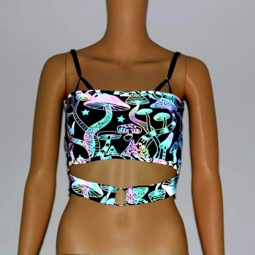 Reflective Rainbow Psychedelic Mushroom Crop Top