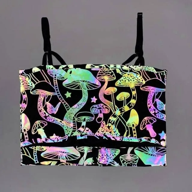 Reflective Rainbow Psychedelic Mushroom Crop Top