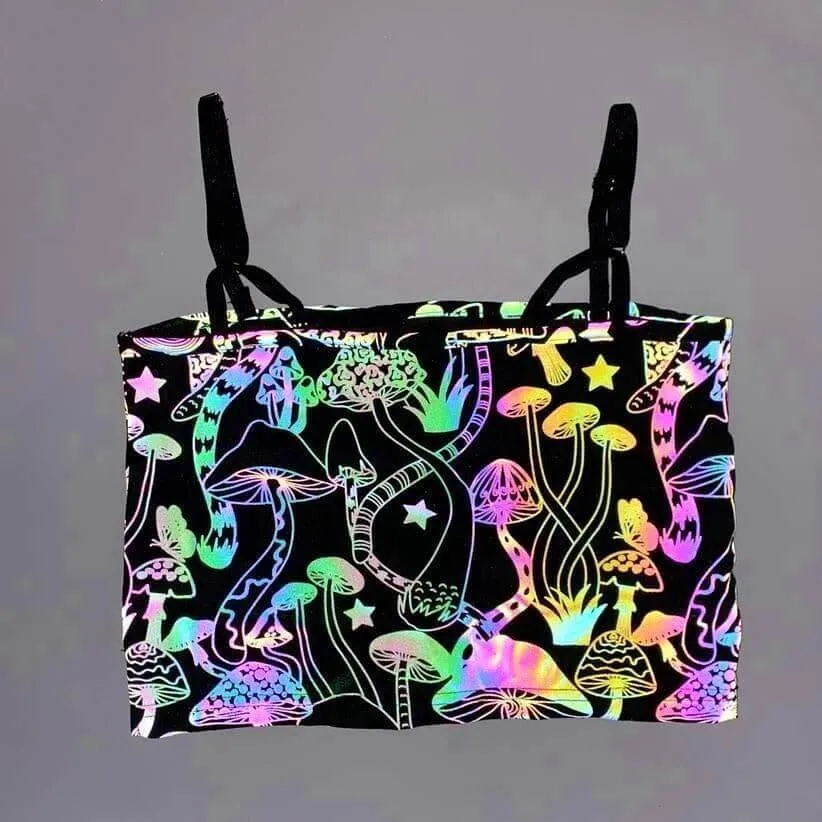 Reflective Rainbow Psychedelic Mushroom Crop Top