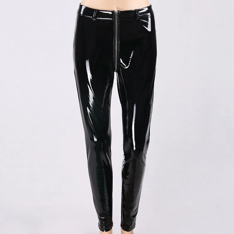 Wjczt Women Sexy Shiny PU leather Leggings with Back Zipper Push Up Faux Leather Pants Latex Rubber Pants Jeggings Black Red