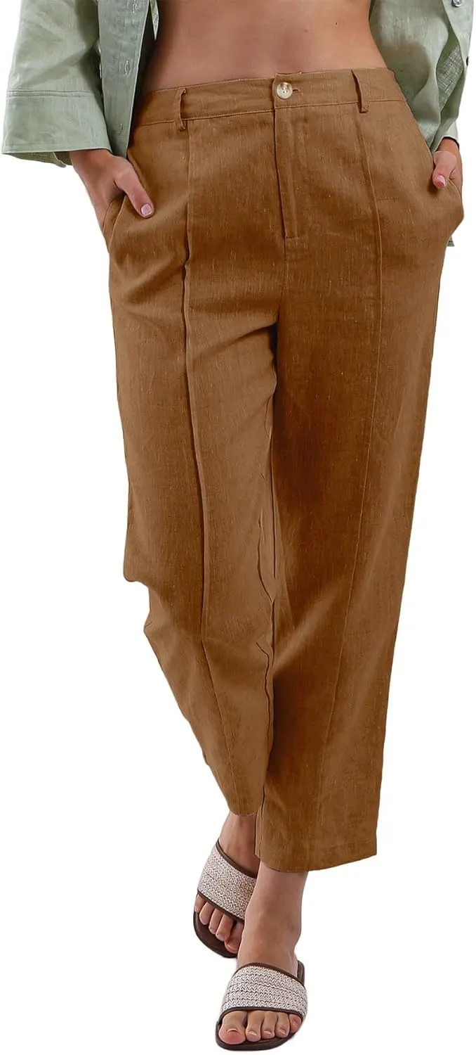 Women's 100% Linen High-Rise Effortless Pintuck Ankle Pants