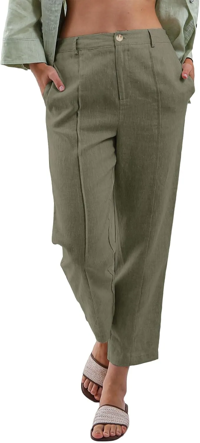 Women's 100% Linen High-Rise Effortless Pintuck Ankle Pants