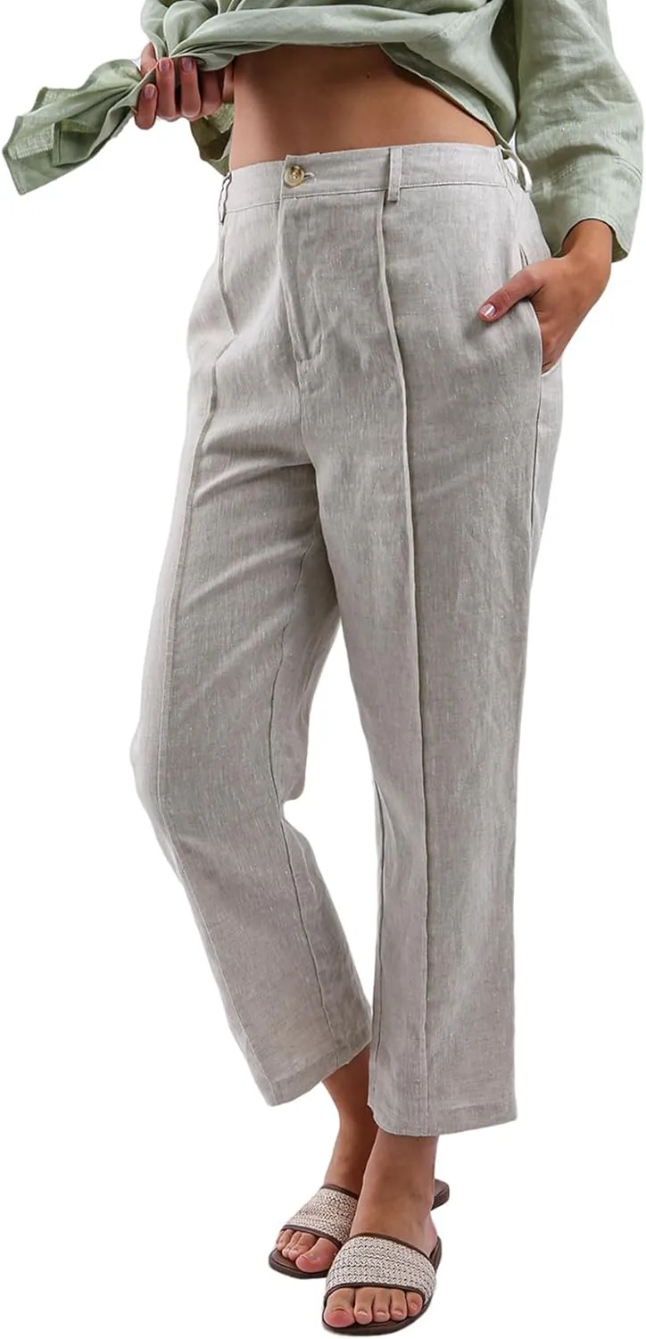 Women's 100% Linen High-Rise Effortless Pintuck Ankle Pants