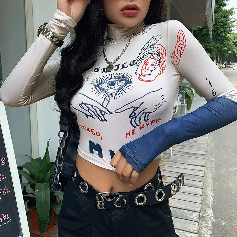 Women's Slim Fit Printed Turtleneck Crop Top – Trendy High Street Fashion