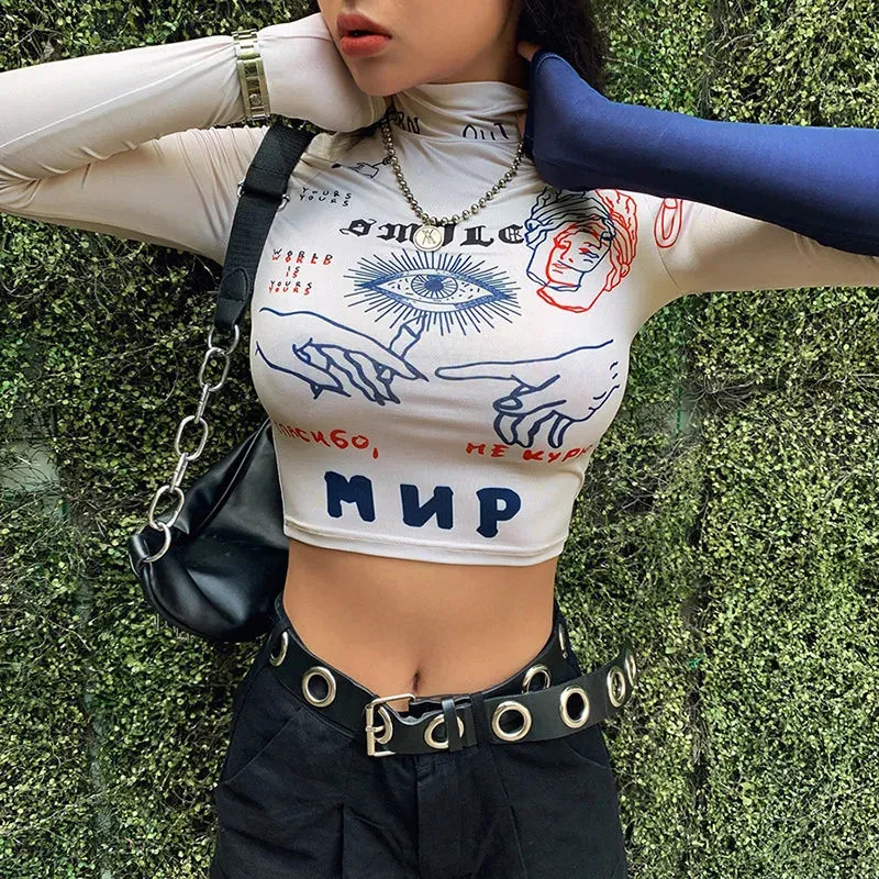 Women's Slim Fit Printed Turtleneck Crop Top – Trendy High Street Fashion