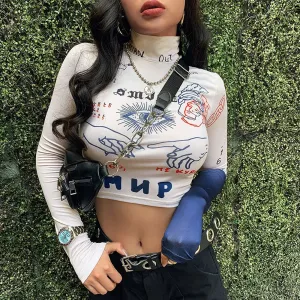 Women's Slim Fit Printed Turtleneck Crop Top – Trendy High Street Fashion