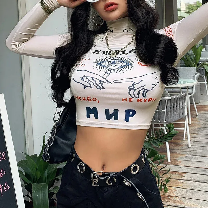 Women's Slim Fit Printed Turtleneck Crop Top – Trendy High Street Fashion